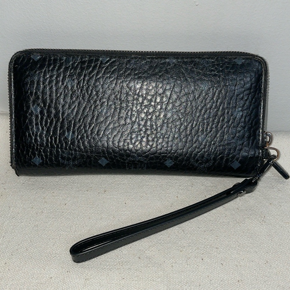 Authentic MCM black long zippy leather wallet with detachable clutch handles